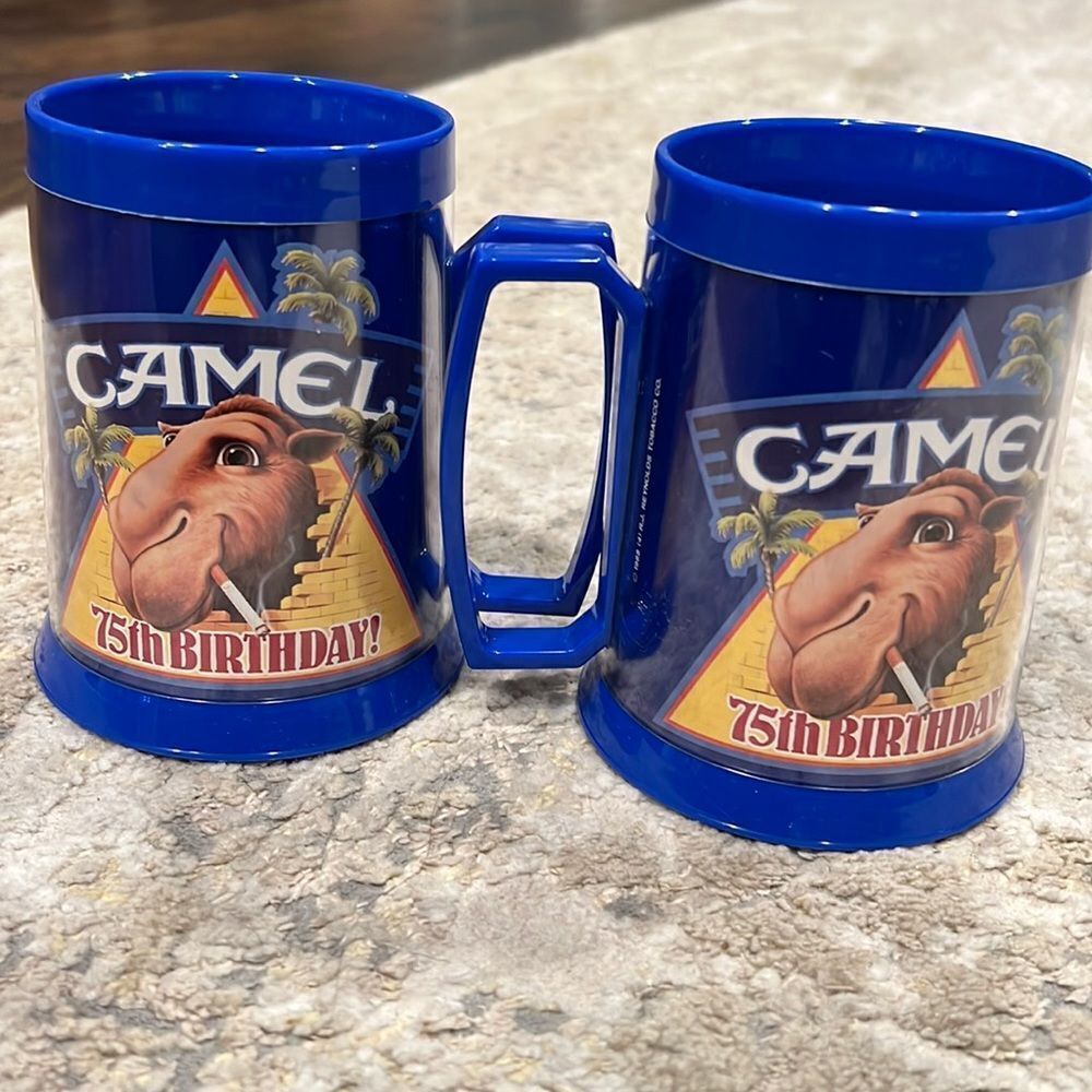 2 Vintage 1988 Joe Camel 75th Birthday Thermo Serv Mug Cup Cigarette Advertising